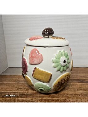 Vintage 50s Napco "Cookies All Over" Ceramic Cookie Jar with Walnut Handle